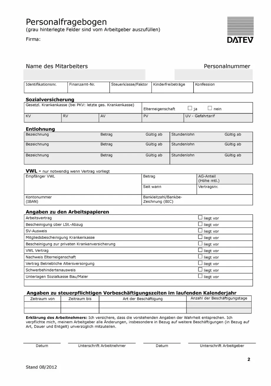 Steuerbüro Berlin Personalfragebogen Vorlage